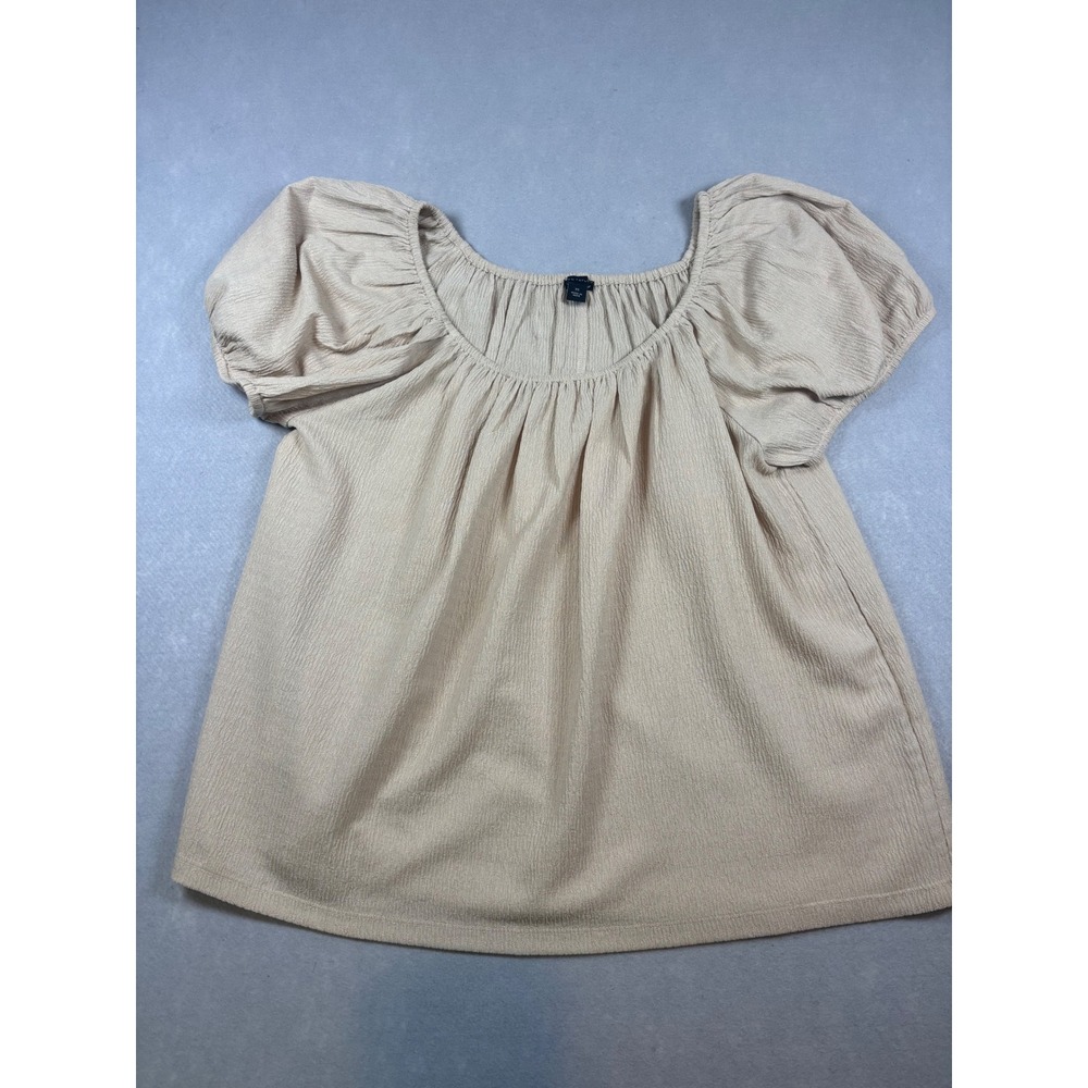 Ann Taylor Women XS Beige Textured Puff Sleeve Scoop Neck Blouse Top
